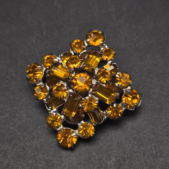 Unknown Jewelry - Golden Yellow Rhinestone Brooch Square UV Glow Vintage Jewelry